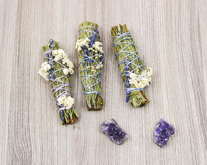 Cedar with Lavender & Achillea Smudge Bundle (small) & Raw Amethyst Crystal